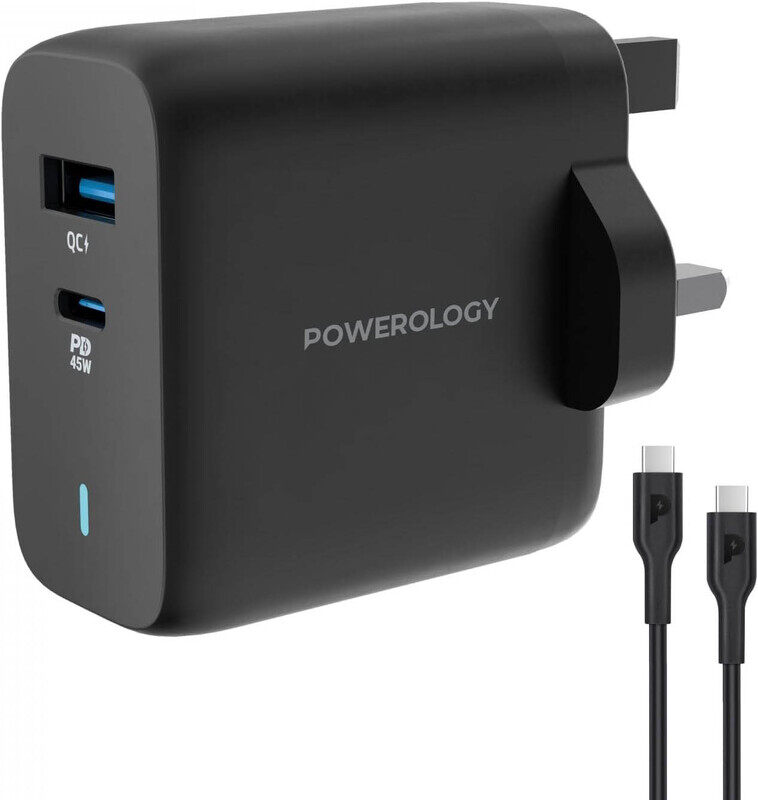 Powerology Ultra-Quick 45W PD GaN Wall Charger Adapter, USB-A QC3.0 UK 3PIN UAE Plug With USB Type-C To USB Type-C Cable, PWCUQC004-C, Black
Powerology Ultra-Quick 45W PD GaN Wall Charger Adapter, USB-A QC3.0 UK 3PIN UAE Plug With USB Type-C To USB Type-C Cable, PWCUQC004-C, Black