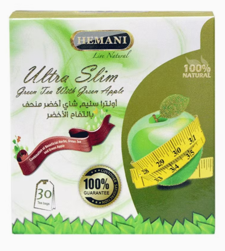 Hemani Ultra Slim Green Tea with Green Apple 100 % Natural Combined with Beneficial Herbs Weight Loss 30 Tea Bags - 60gms
Hemani Ultra Slim Green Tea with Green Apple 100 % Natural Combined with Beneficial Herbs Weight Loss 30 Tea Bags - 60gms