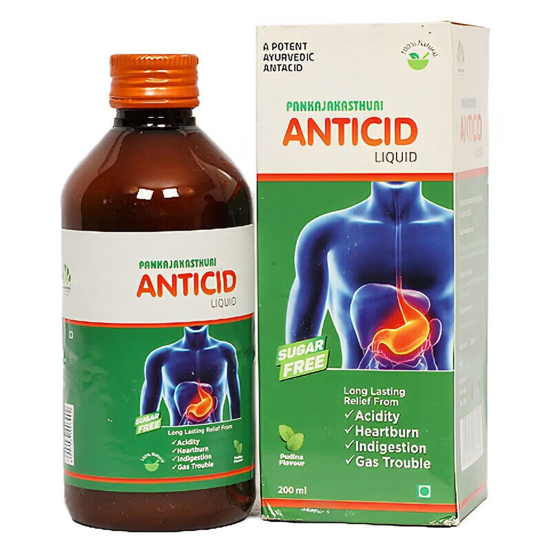 Pankajakasthuri Anticid Liquid - Quick and Long-Lasting Relief from Acidity, Heartburn, Indigestion & Gas Trouble - Sugar Free - Pudina Flavour - 200
Pankajakasthuri Anticid Liquid - Quick and Long-Lasting Relief from Acidity, Heartburn, Indigestion & Gas Trouble - Sugar Free - Pudina Flavour - 200