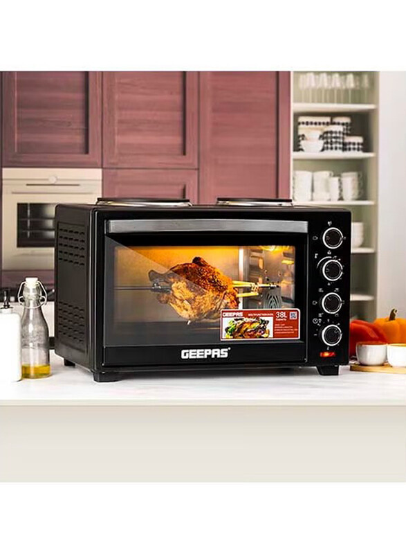 Geepas 38L Electric Oven With Rotisserie And Convection Dual Hot Plate 60 Min Timer Adjustable Heating Elements, 1600W, GO34052, Black/Silver
Geepas 38L Electric Oven With Rotisserie And Convection Dual Hot Plate 60 Min Timer Adjustable Heating Elements, 1600W, GO34052, Black/Silver