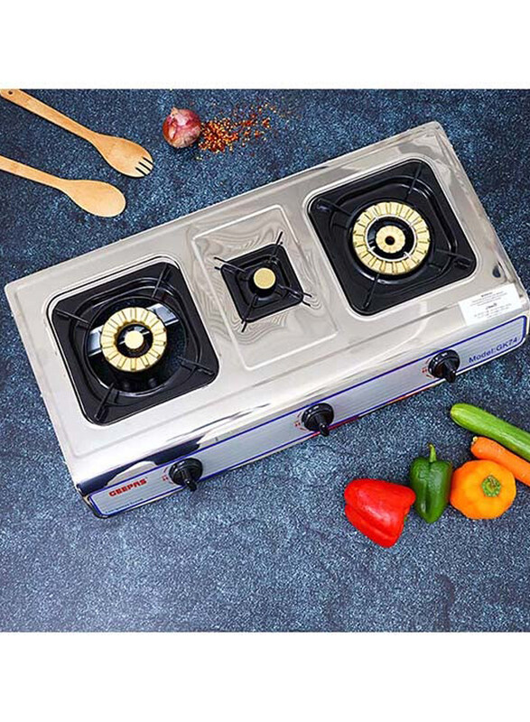 Geepas Auto Ignition Anti-Skid Feet Stainless Steel Gas Cooker with 3 Burners, GK74, Black/Silver
Geepas Auto Ignition Anti-Skid Feet Stainless Steel Gas Cooker with 3 Burners, GK74, Black/Silver