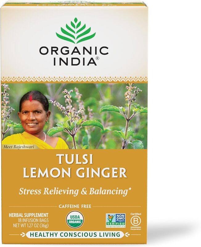 Organic India Tulsi Lemon Ginger Herbal Tea Stress Relieving and Balancing 18 Infusion Bags 36g
Organic India Tulsi Lemon Ginger Herbal Tea Stress Relieving and Balancing 18 Infusion Bags 36g