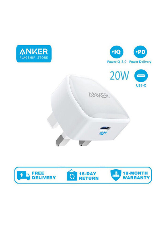 Anker 20W PIQ 3.0 Durable Compact Fast Charger PowerPort III Wall Charger, USB Type-C Charger for Apple iPhone/Galaxy, iPad and More, White