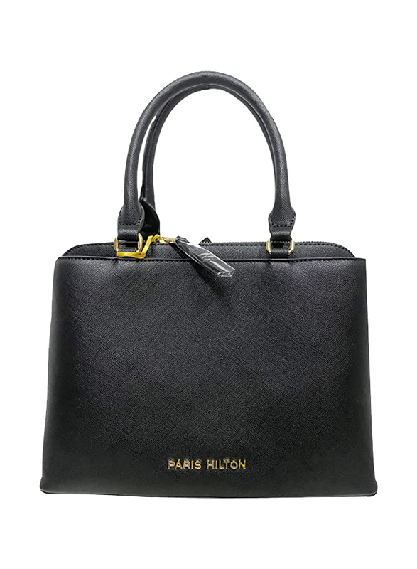 Paris Hilton Zipper PU Leather Handbag with Shoulder Strap for Women, Black