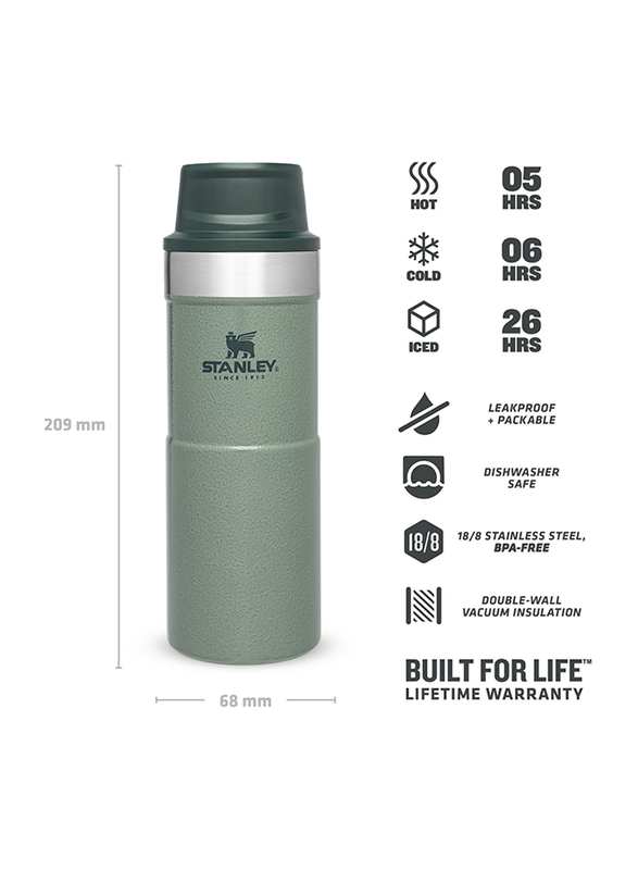 Stanley 0.35 Ltr Trigger Action Stainless Steel Travel Mug, Hammertone Green