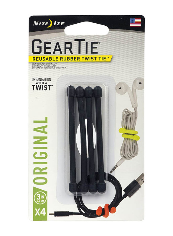 Nite Ize 3-Inch Reusable Rubber Twist Gear Tie, 4 Pieces, GT3-4PK-01, Black