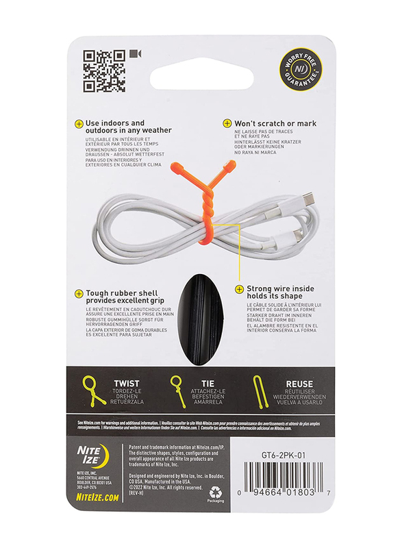 Nite Ize 6-Inch Reusable Rubber Twist Gear Tie, 2 Pieces, Black
