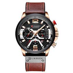 Curren Analog Watch for Men with Leather Band, Water Resistance, Black-Brown