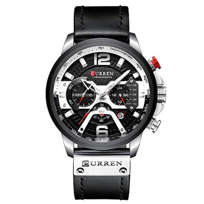 Curren Analog Quartz Calendar Watch for Men with Leather Band, Water Resistant and Chronograph, Black/Silver