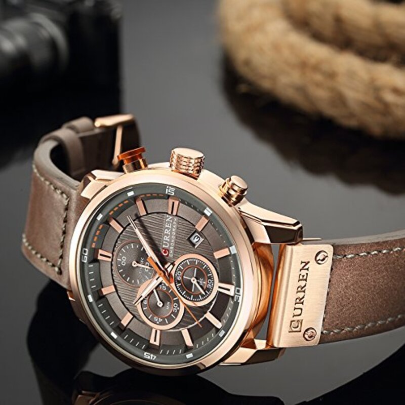 Curren Analog Quartz Military Watch for Men with Leather Band, Water Resistant and Chronograph, Brown/Grey