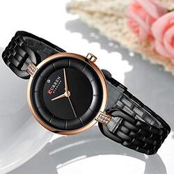 Curren 9052 Analog Watch for Women with Stainless Steel Band, Water Resistant, Black/Gold-Black