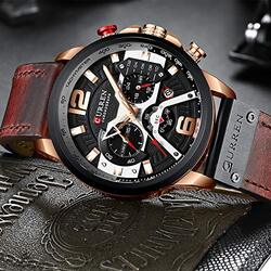 Curren Analog Quartz Calendar Watch for Men with Leather Band, Water Resistant and Chronograph, Brown/Black