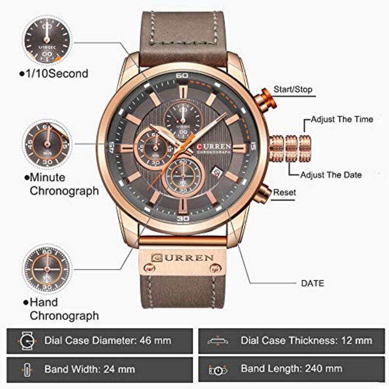 Curren Analog Quartz Military Watch for Men with Leather Band, Water Resistant and Chronograph, Brown/Grey