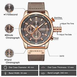 Curren Analog Quartz Military Watch for Men with Leather Band, Water Resistant and Chronograph, Brown/Grey