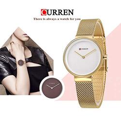 Curren 9016 Analog Watch for Women with Stainless Steel Band, Water Resistant, Gold-White