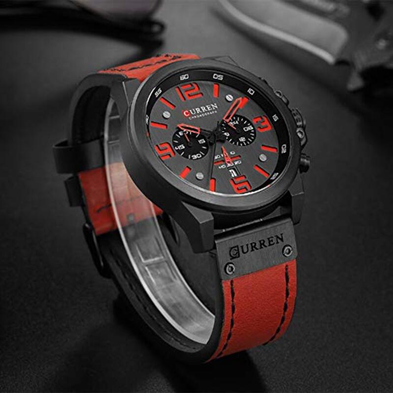 Curren Analog Quartz Multifunction Watch for Men with Leather Band, Water Resistant and Chronograph, Red