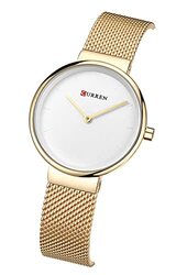 Curren Analog Quartz Simple Fashion Watch for Women with Stainless Steel Mesh Band, Water Resistant, Gold/White