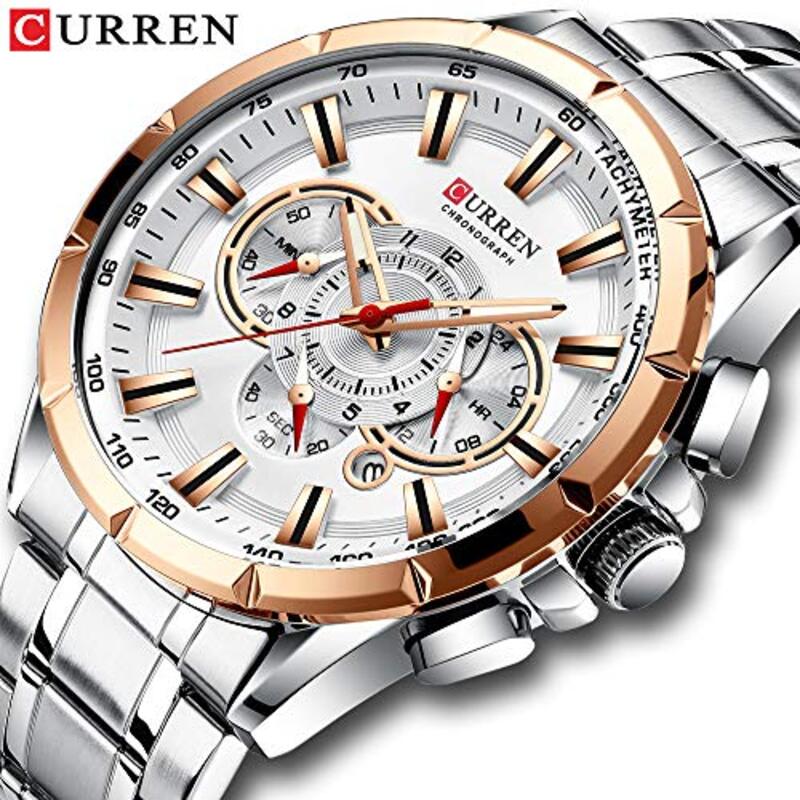 Curren Analog Quartz Military Wrist Watch for Men with Stainless Steel Band, Water Resistant and Chronograph, Silver/White