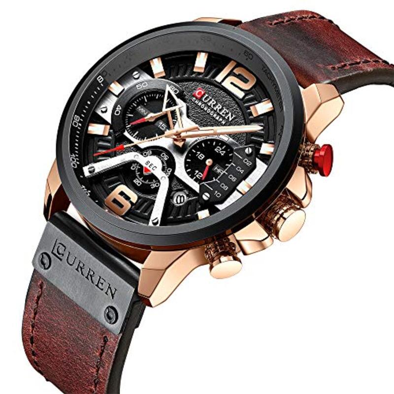 Curren Analog Quartz Calendar Watch for Men with Leather Band, Water Resistant and Chronograph, Brown/Black