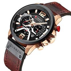 Curren Analog Quartz Calendar Watch for Men with Leather Band, Water Resistant and Chronograph, Brown/Black