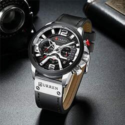 Curren Analog Quartz Calendar Watch for Men with Leather Band, Water Resistant and Chronograph, Black/Silver