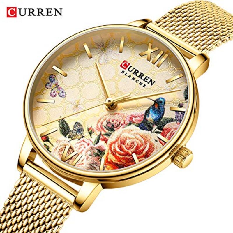 Curren 9060 Analog Watch for Women with Stainless Steel Band, Water Resistant, Gold