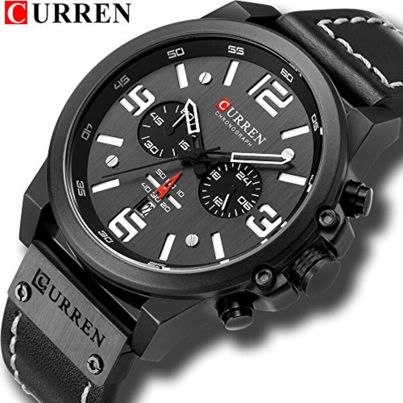 Curren Analog Watch for Men with Leather Band, Water Resistance, Black