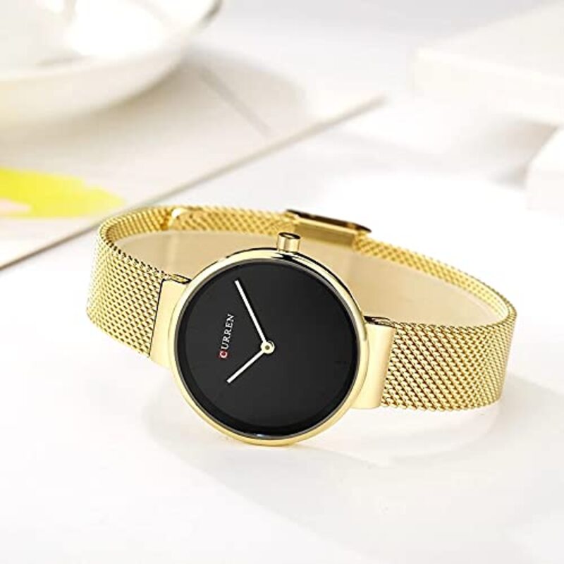 Curren Analog Quartz Simple Fashion Watch for Women with Stainless Steel Mesh Band, Water Resistant, Gold/Black