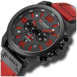 Curren Analog Quartz Multifunction Watch for Men with Leather Band, Water Resistant and Chronograph, Red