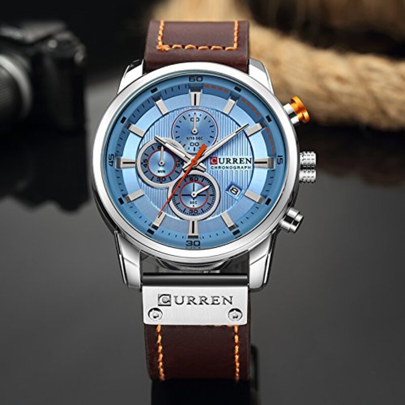 Curren Analog Quartz Military Watch for Men with Leather Band, Water Resistant and Chronograph, Dark Brown/Blue