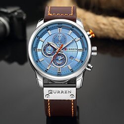 Curren Analog Quartz Military Watch for Men with Leather Band, Water Resistant and Chronograph, Dark Brown/Blue