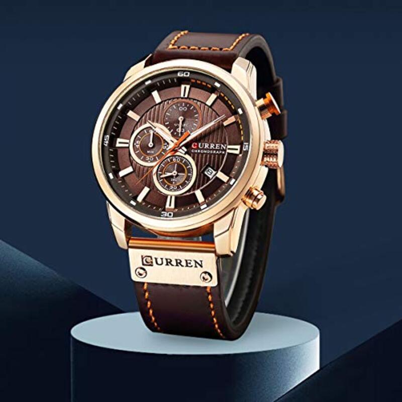 Curren Analog Quartz Military Watch for Men with Leather Band, Water Resistant and Chronograph, Brown