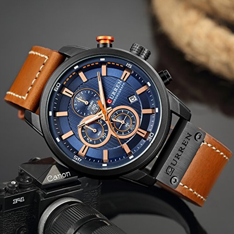 Curren Analog Watch for Men with Leather Band, Water Resistance, Brown-Black