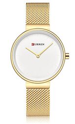 Curren Analog Quartz Simple Fashion Watch for Women with Stainless Steel Mesh Band, Water Resistant, Gold/White