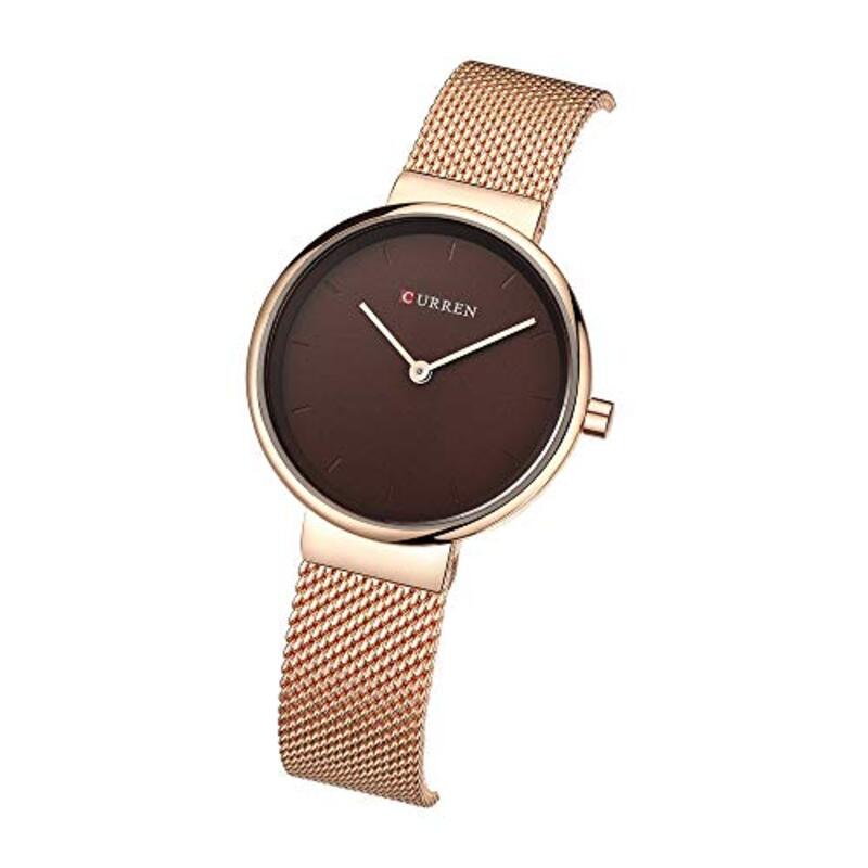 Curren 9016 Analog Watch for Women with Stainless Steel Band, Water Resistant, Rose Gold-Red