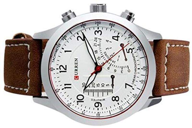 

Curren Analog Quartz Sport Fashion Wrist Watch for Men with Leather Band, Water Resistant, Brown/White