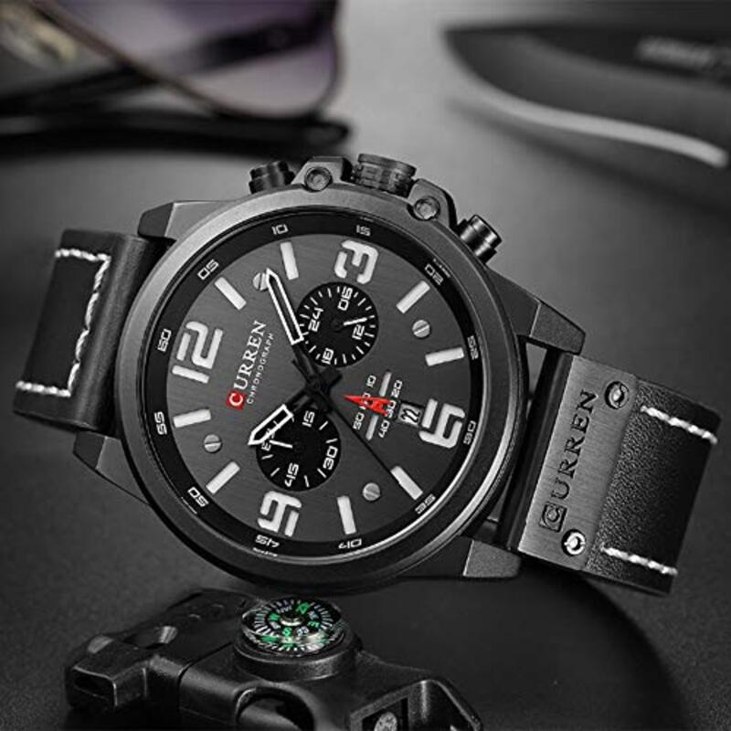 Curren Analog Watch for Men with Leather Band, Water Resistance, Black