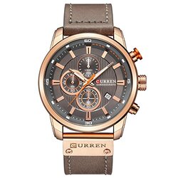 Curren Analog Quartz Military Watch for Men with Leather Band, Water Resistant and Chronograph, Brown/Grey