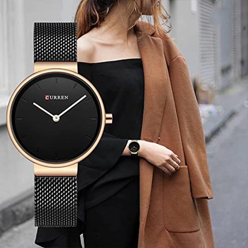 Curren Analog Quartz Simple Fashion Watch for Women with Stainless Steel Mesh Band, Water Resistant, Black