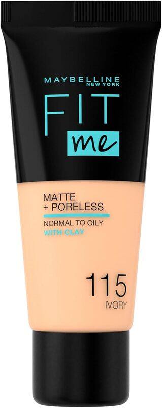 

Maybelline New York Liquid Foundation, Matte & Poreless, Full Coverage and Blendable, Normal to Oily Skin, Fit Me, 115 Ivory