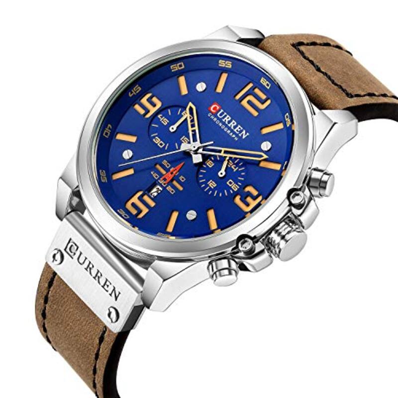 Curren Analog Quartz Multifunction Watch for Men with Leather Band, Water Resistant and Chronograph, Brown/Blue