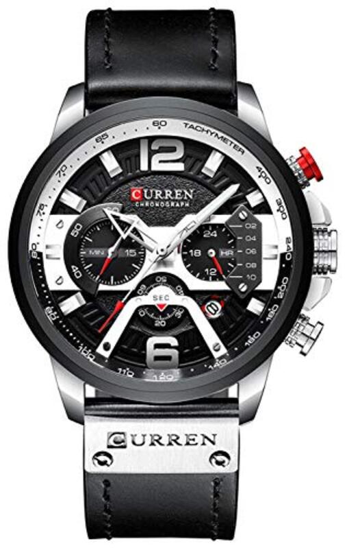 

Curren Analog Quartz Leisure Fashion Watch for Men with Leather Band, Water Resistant and Chronograph, Black/Silver