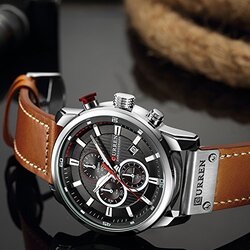 Curren Analog Quartz Military Watch for Men with Leather Band, Water Resistant and Chronograph, Brown/Black