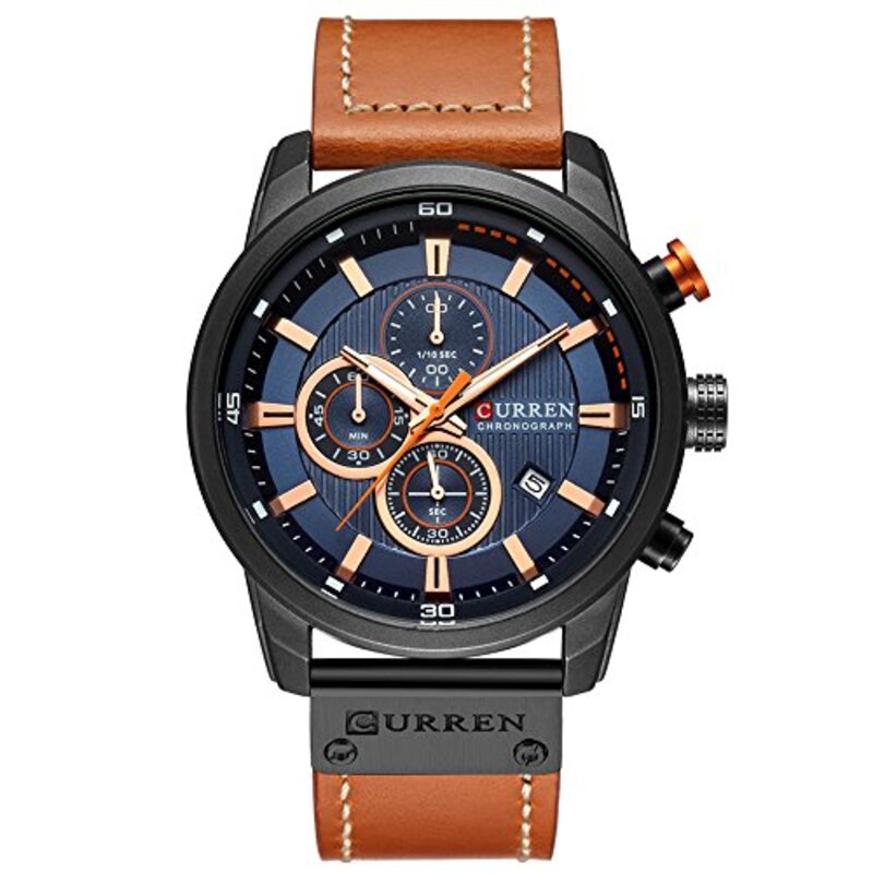 Curren Analog Quartz Military Watch for Men with Leather Band, Water Resistant and Chronograph, Brown/Blue