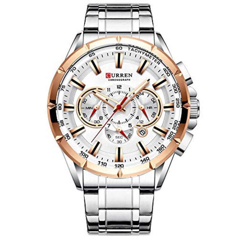 Curren Analog Quartz Military Wrist Watch for Men with Stainless Steel Band, Water Resistant and Chronograph, Silver/White