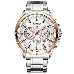 Curren Analog Quartz Military Wrist Watch for Men with Stainless Steel Band, Water Resistant and Chronograph, Silver/White