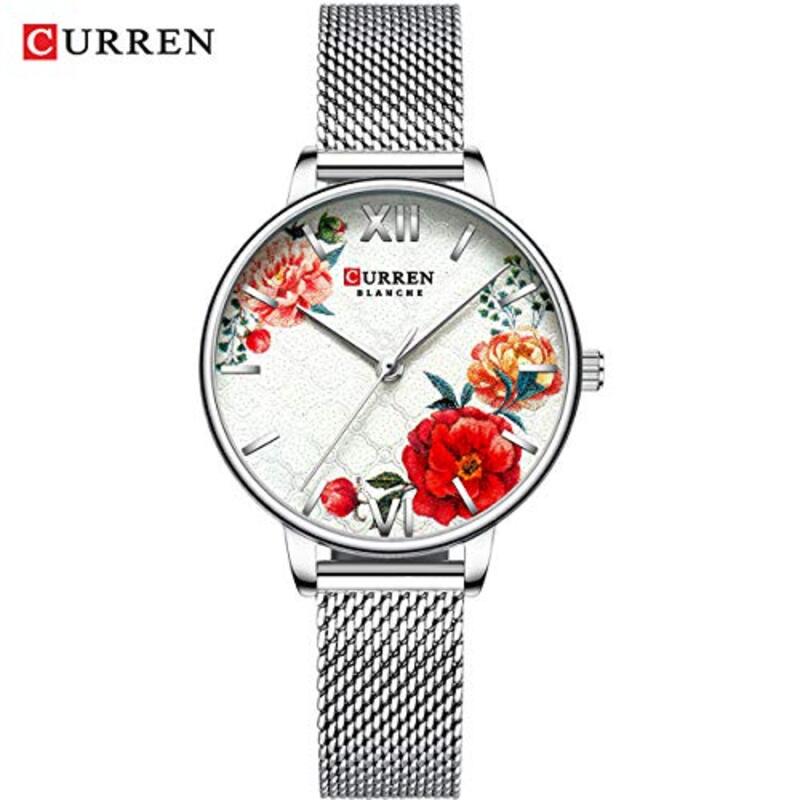 Curren 9060 Analog Watch for Women with Stainless Steel Band, Water Resistant, Silver