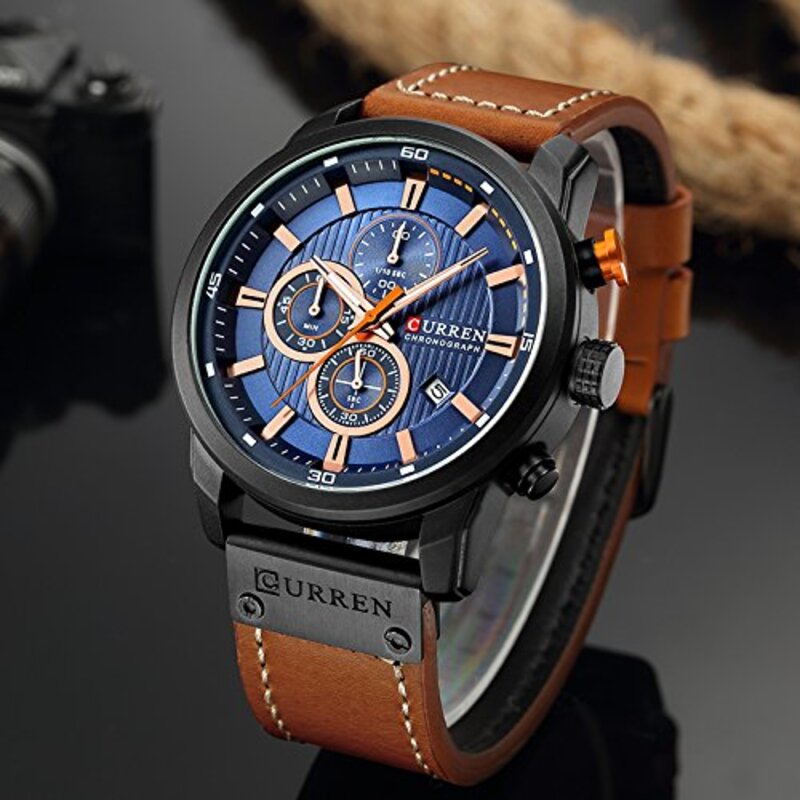 Curren Analog Quartz Military Watch for Men with Leather Band, Water Resistant and Chronograph, Brown/Blue