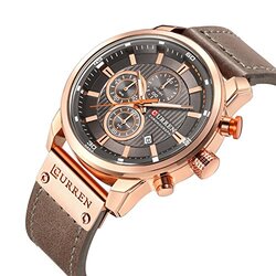 Curren Analog Quartz Military Watch for Men with Leather Band, Water Resistant and Chronograph, Brown/Grey