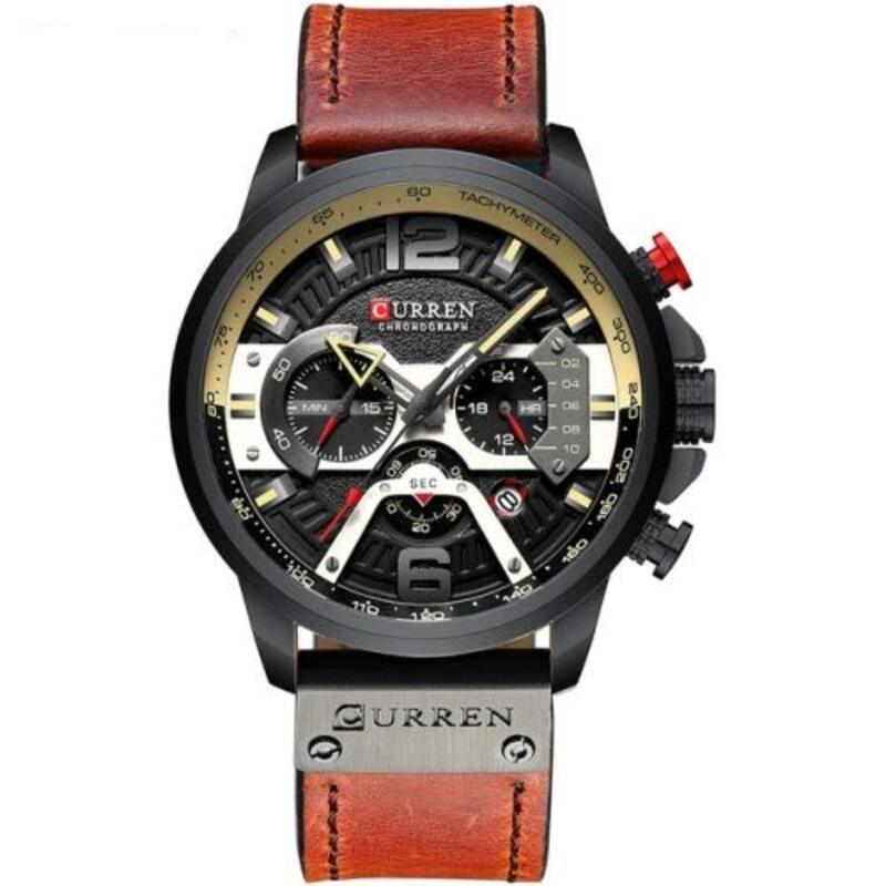 Curren Analog Casual Sport Watch for Men with Leather Band, Water Resistant and Chronograph, M8329, Brown/Black